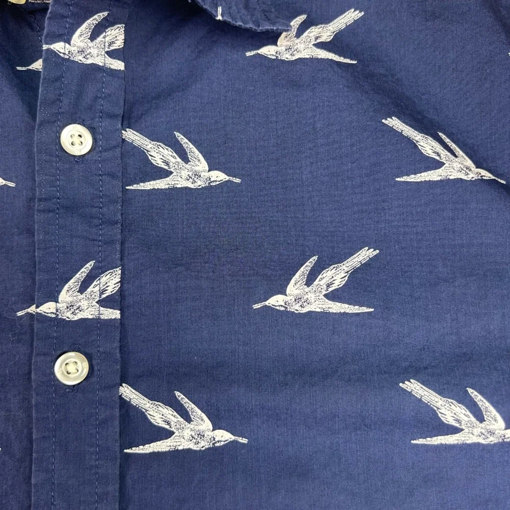 Banana Republic Luxe Poplin Mens Medium Slim Fit Navy Blue‎ Bird Print SS Shirt